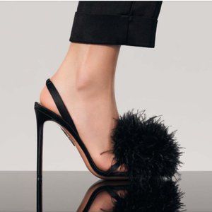 Aquazurra Boudoir Ostrich Feather Pom-Pom Slingback Sandal Stiletto Leather 7.5